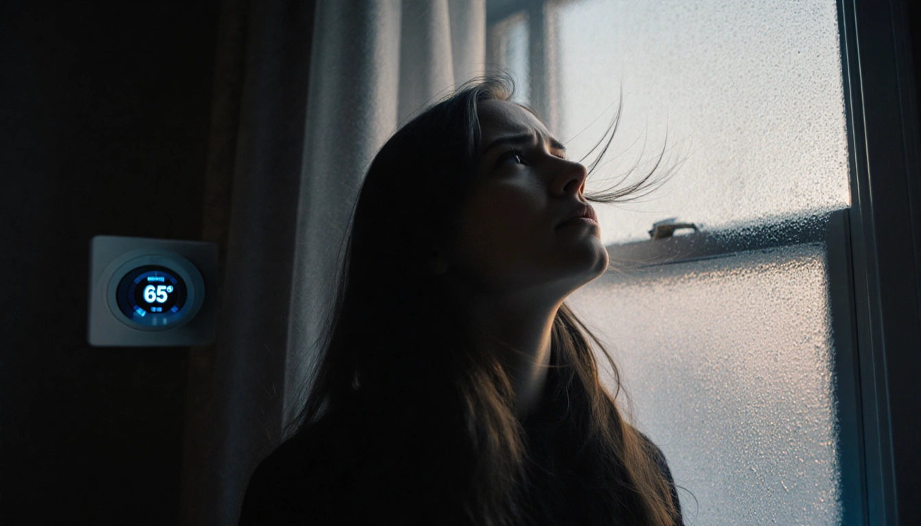 Woman staring out at frosted window with wind blowing her hair and a thermostat reading 65°F in background