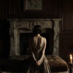 Woman sits on plush couch with clasped hands and flickering candlelit fireplace in dimly lit luxury living room