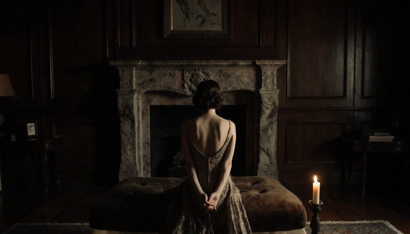 Woman sits on plush couch with clasped hands and flickering candlelit fireplace in dimly lit luxury living room