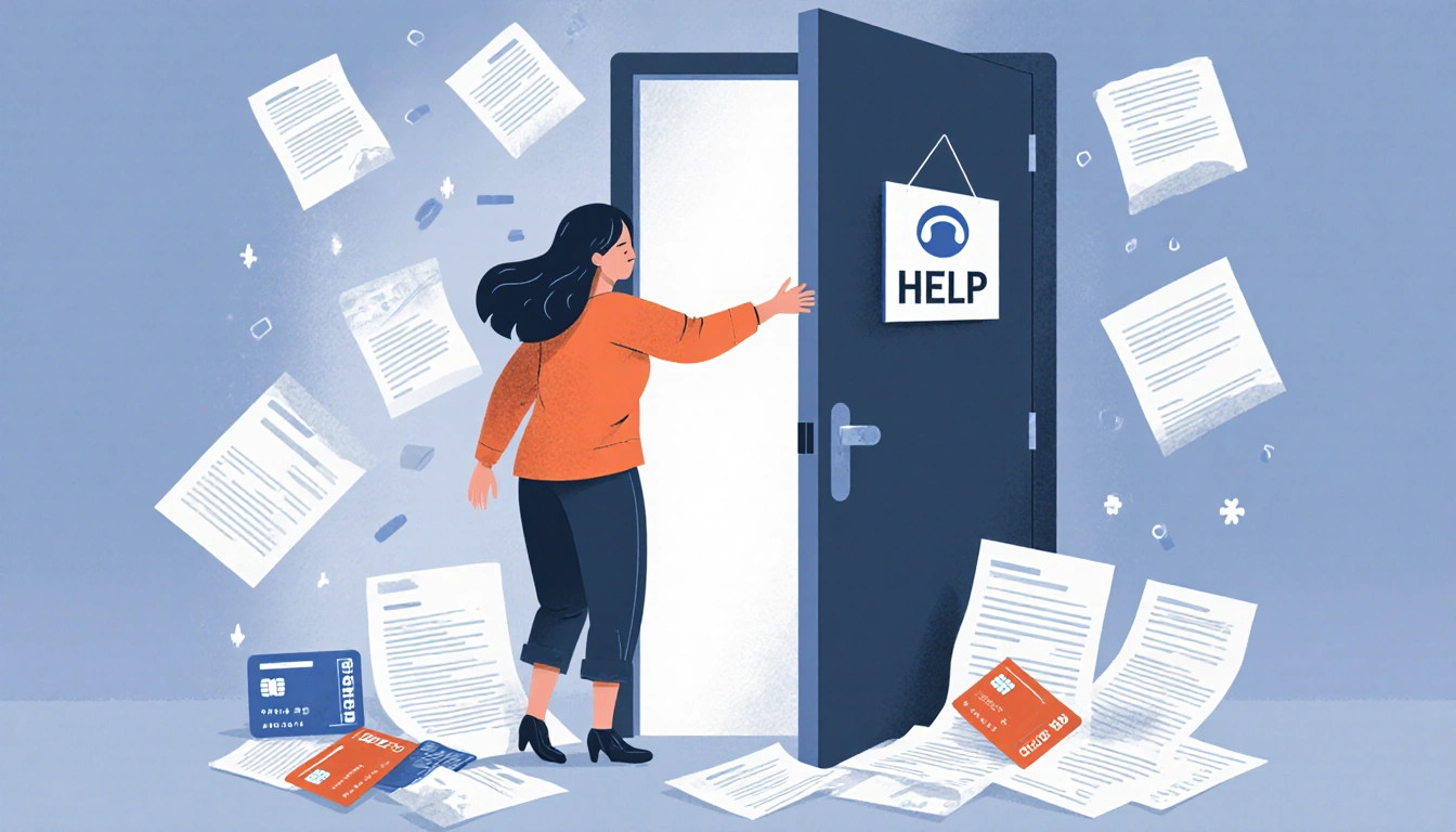 Woman reaching out for help with a door marked help and scattered bills around her.