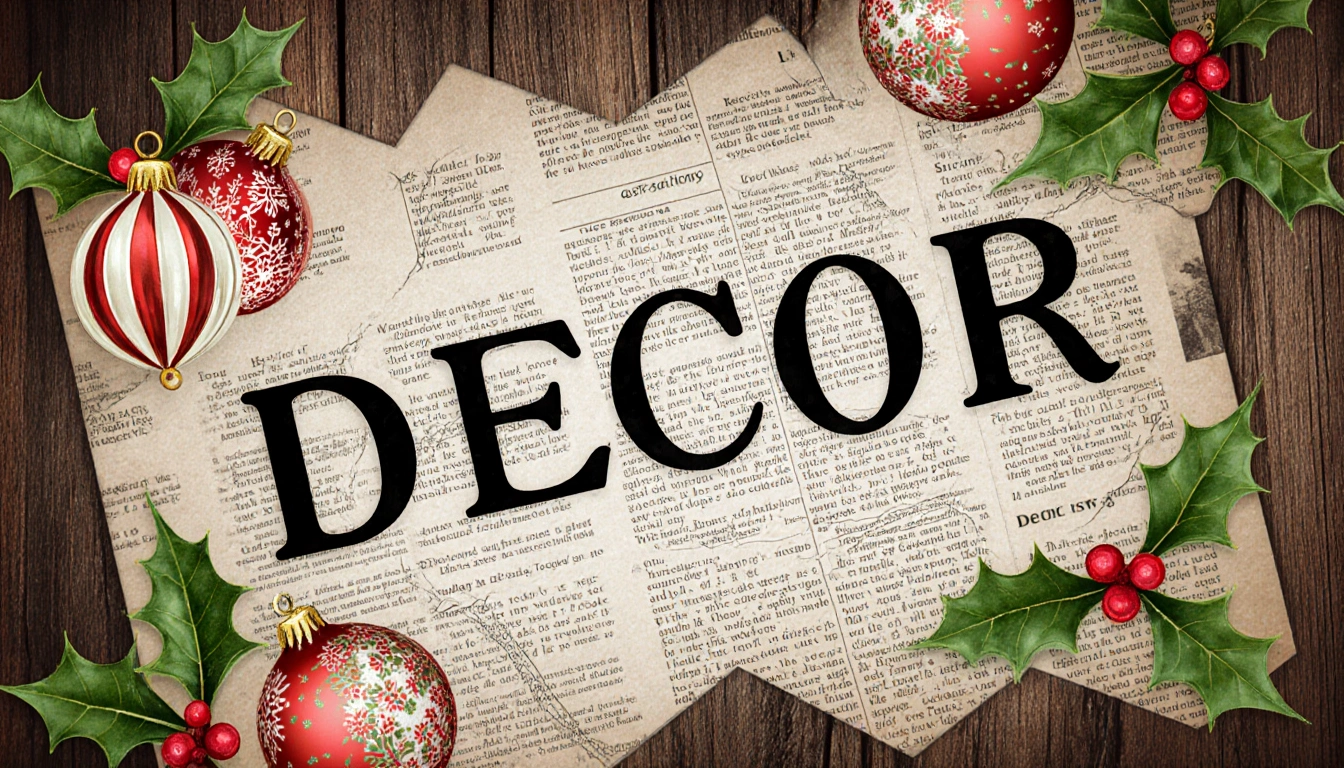 Wordle puzzle board displaying solution DECOR with Christmas ornament patterns and a wooden textured retro background