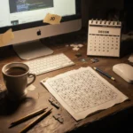 Person solving Wordle puzzle with coffee and hint sheet on monitor