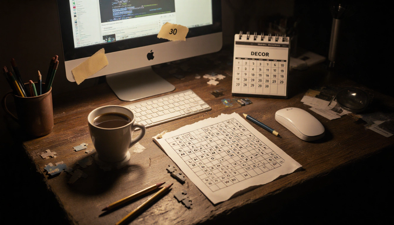 Person solving Wordle puzzle with coffee and hint sheet on monitor