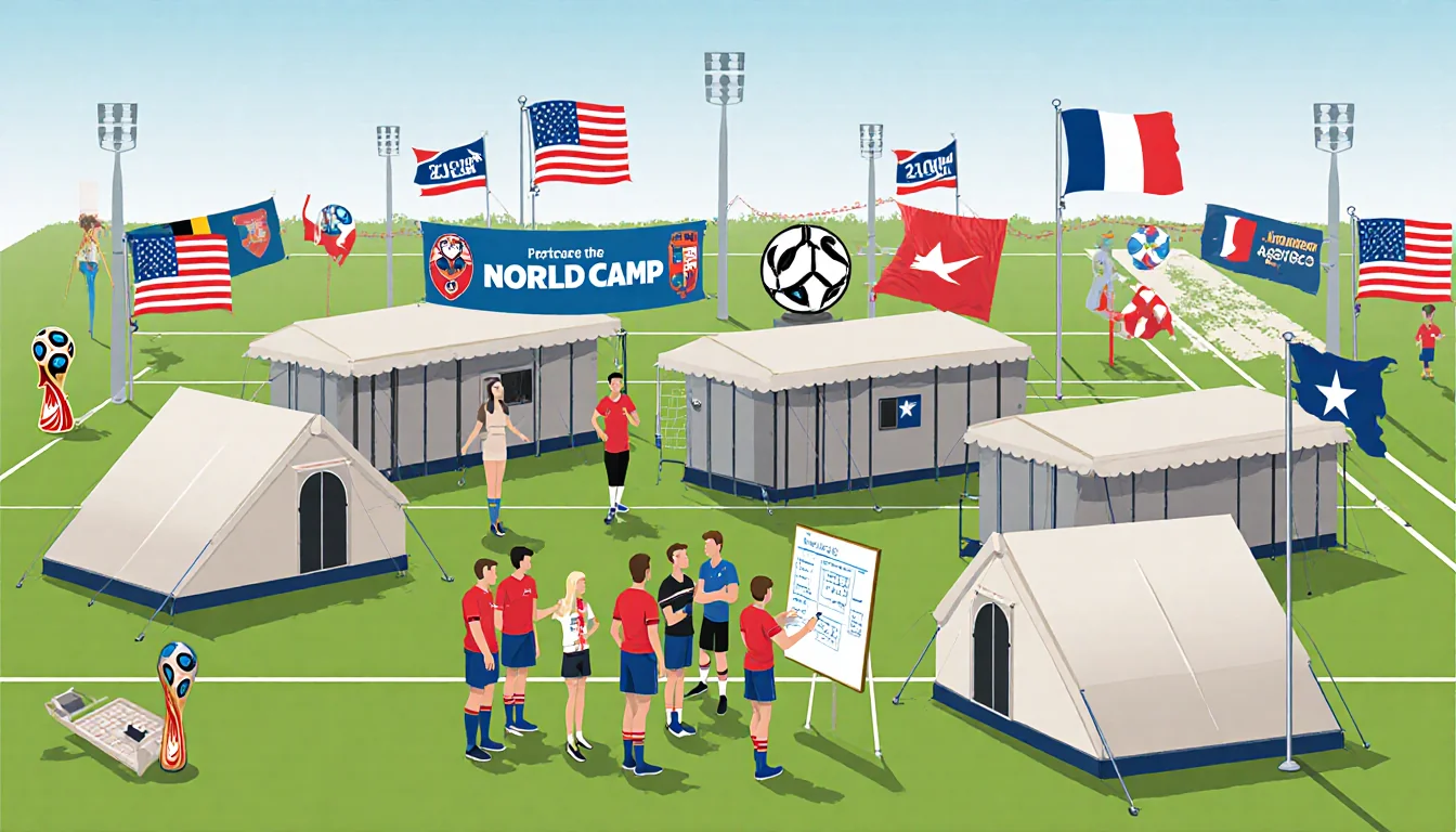 World Cup athletes from different nations discuss training plans on whiteboard with modular tents and flags nearby