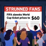 Fans cheer around a screen showing FIFA slashes World Cup ticket prices to $60 with phones and lights reflected