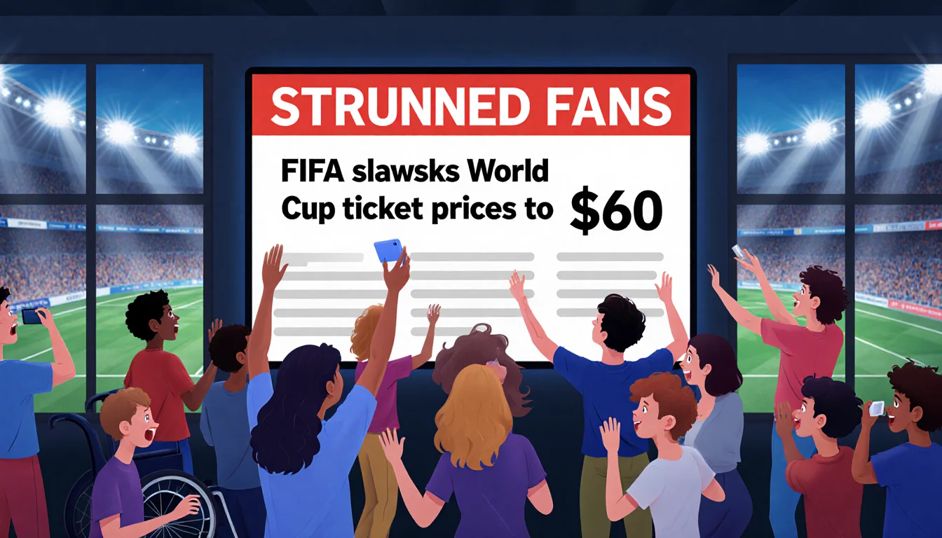 Fans cheer around a screen showing FIFA slashes World Cup ticket prices to $60 with phones and lights reflected