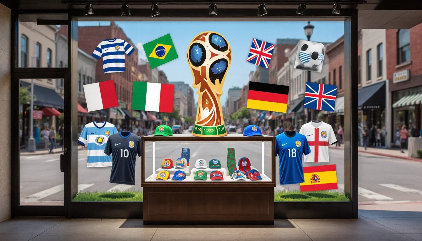 Storefront window displays a case of World Cup gear with a flag collage behind it.