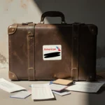 Worn leather suitcase sits in airport background with American Airlines sticker and scattered boarding passes