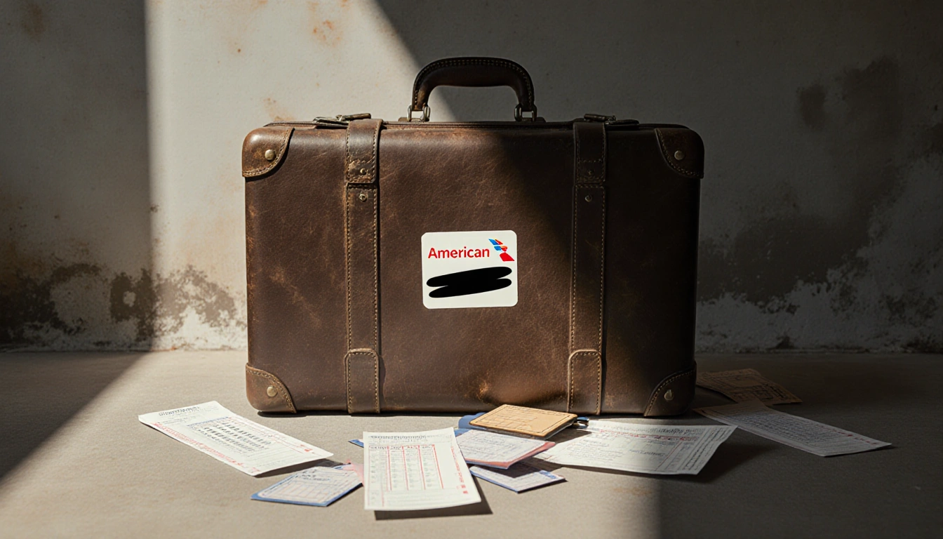 Worn leather suitcase sits in airport background with American Airlines sticker and scattered boarding passes