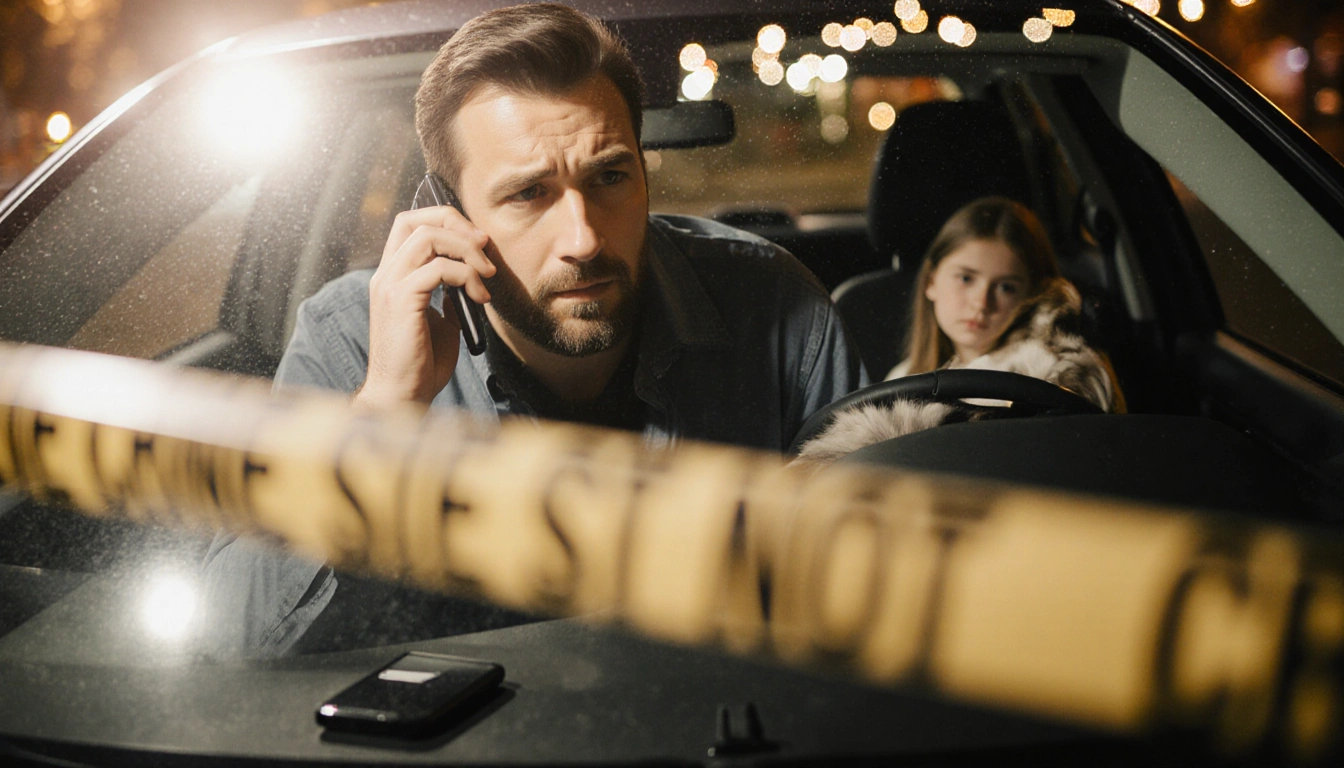 Father standing beside his car holding a phone with police tape in foreground and Christmas lights reflected on windshield.