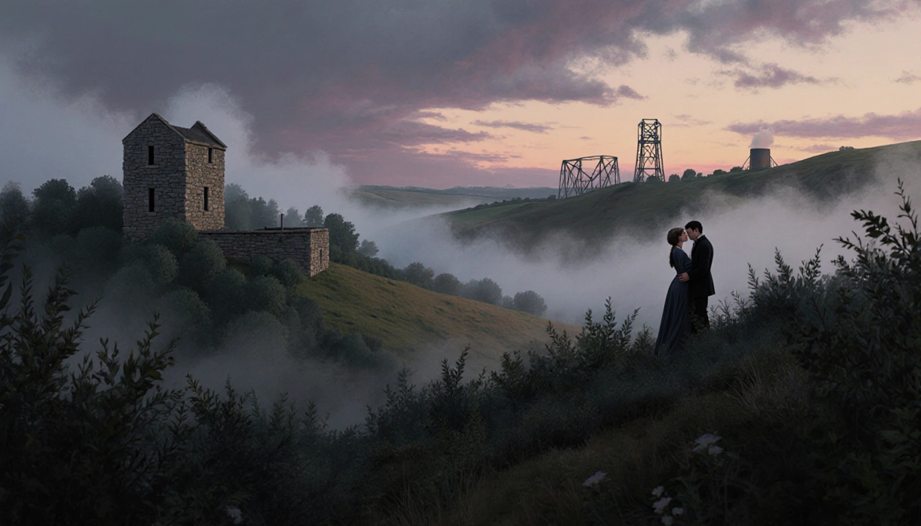 Silhouetted couple embracing on misty moors with fog rolling over ancient stone ruins and rusted machinery