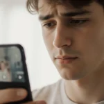 Young adult looking down at smartphone screen with uncertain expression and soft glow