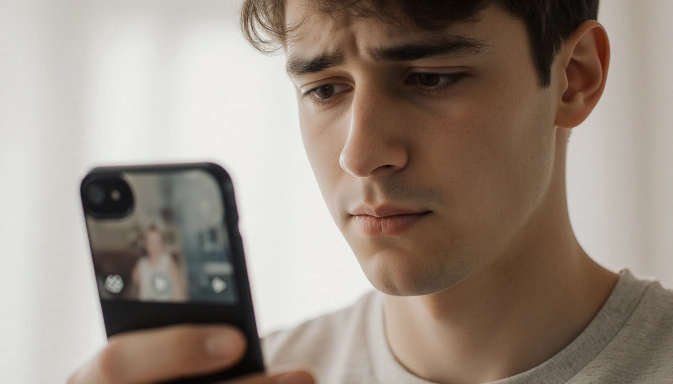 Young adult looking down at smartphone screen with uncertain expression and soft glow