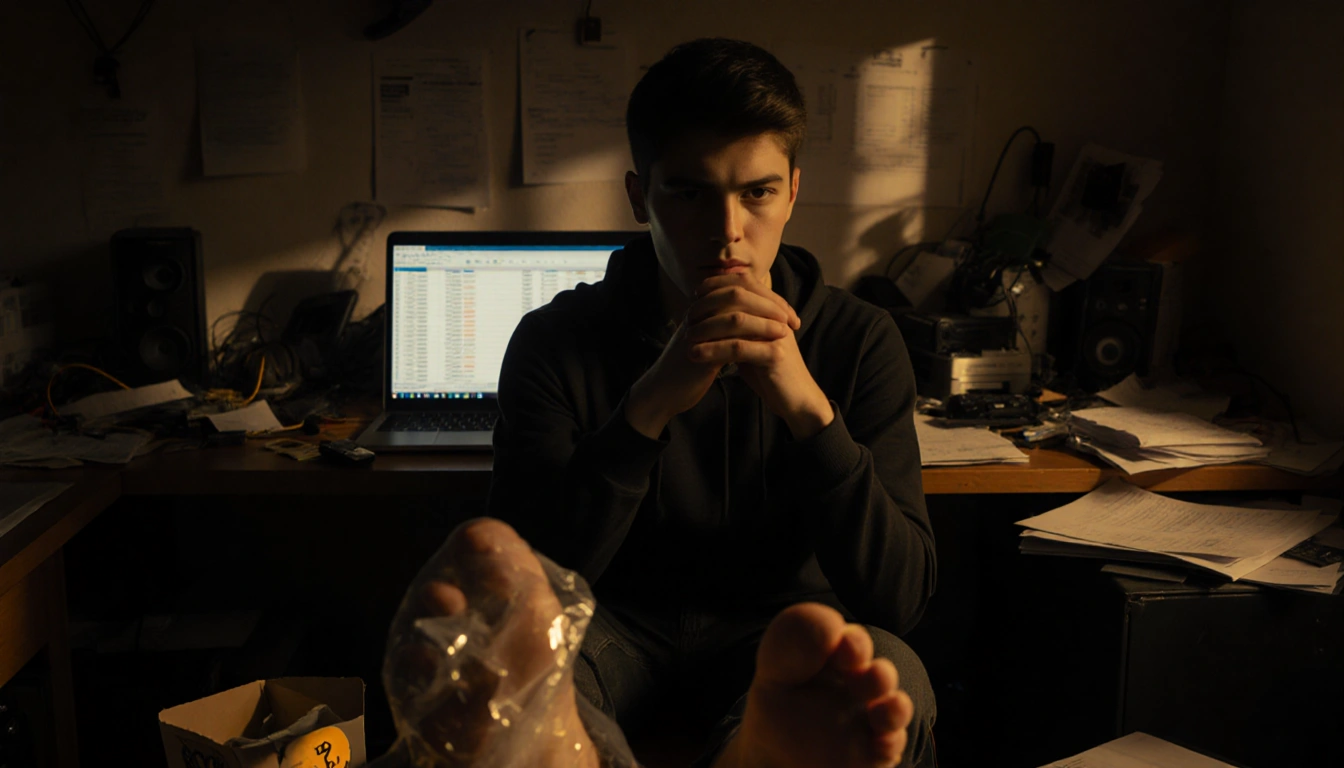 Young man sits at table with hands clasped a foot on bomb package Bitcoin log scrolls on laptop screen