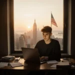 Young man studying at a dimly lit desk with laptop and city sunset glow behind him
