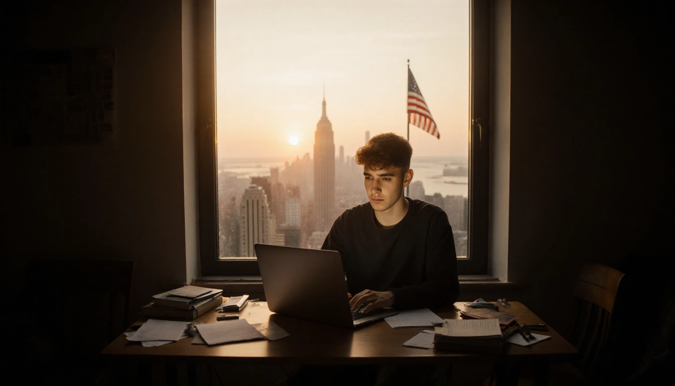 Young man studying at a dimly lit desk with laptop and city sunset glow behind him