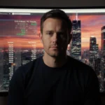 Matt Farley sits calmly in front of camera with futuristic cityscape at sunset reflected in monitor glass of a YouTube livest