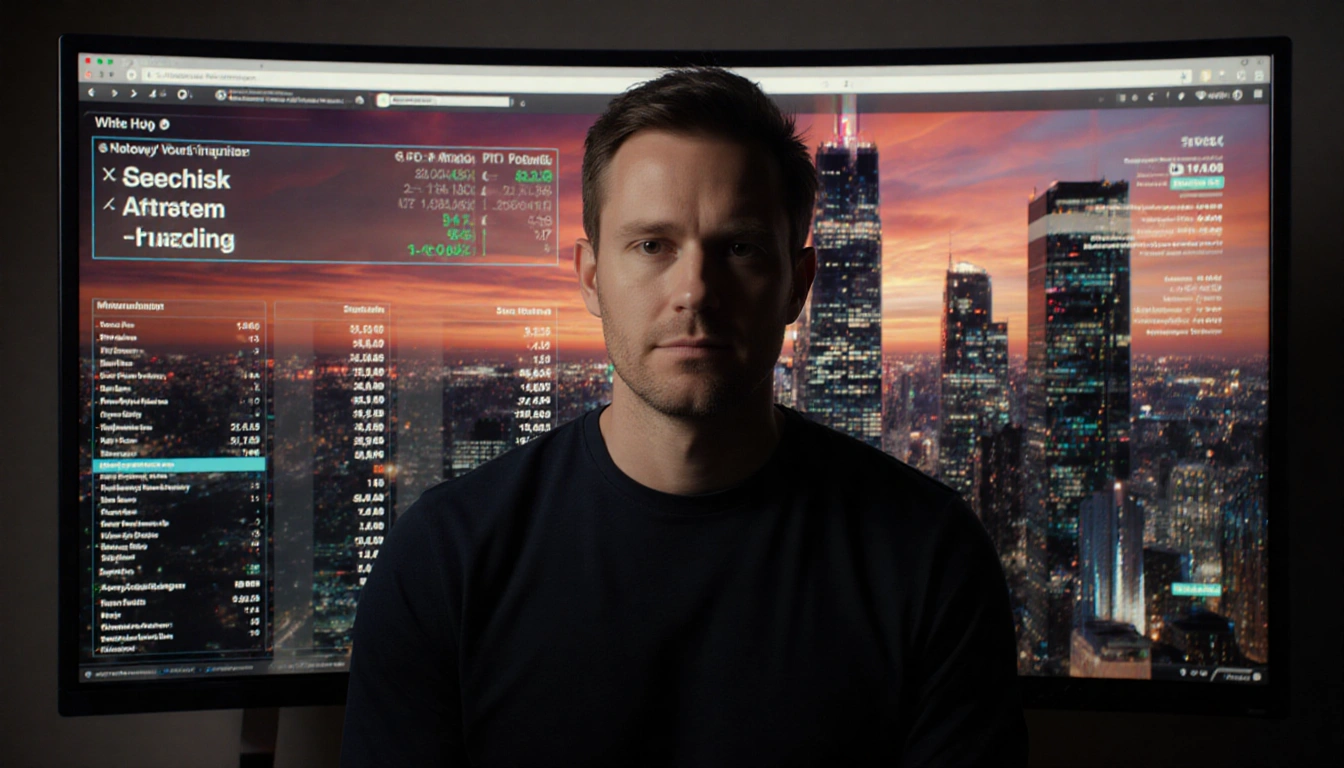 Matt Farley sits calmly in front of camera with futuristic cityscape at sunset reflected in monitor glass of a YouTube livest