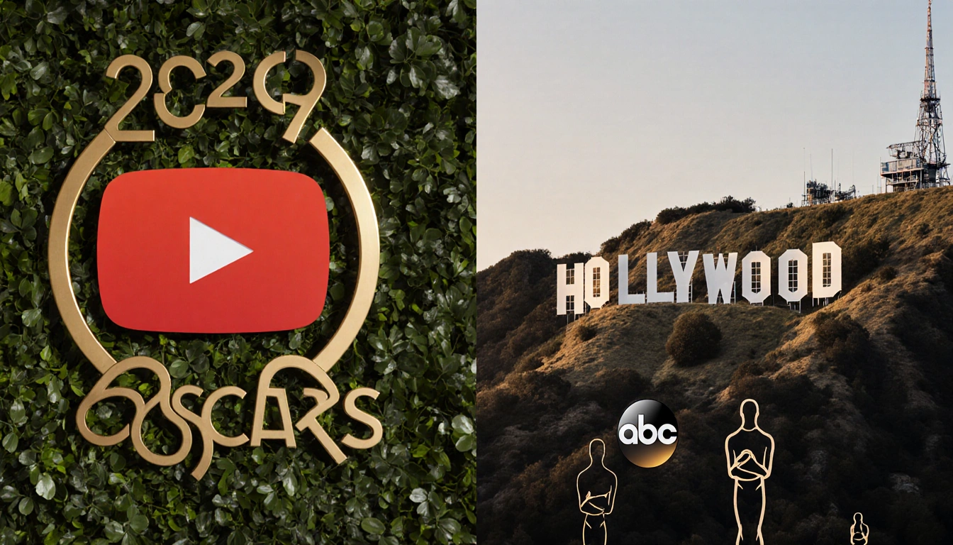 Split screen shows gold YouTube logo growing among green foliage with a faded Hollywood sign beside it and Oscar silhouettes.