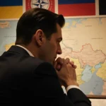 President Zelenskyy sits facing a map of Eastern Europe with hands clasped and a cafe glow hinting at diplomatic tension.