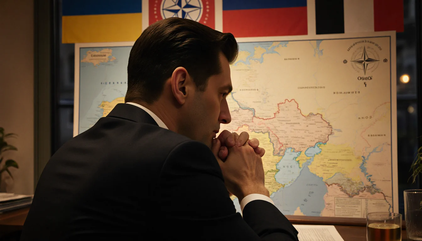 President Zelenskyy sits facing a map of Eastern Europe with hands clasped and a cafe glow hinting at diplomatic tension.