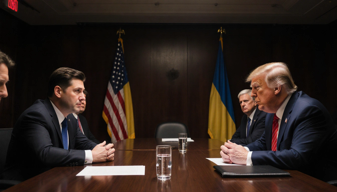 Zelenskyy and Trump sit across from each other with Ukrainian and American flags and a glass of water in diplomatic meeting