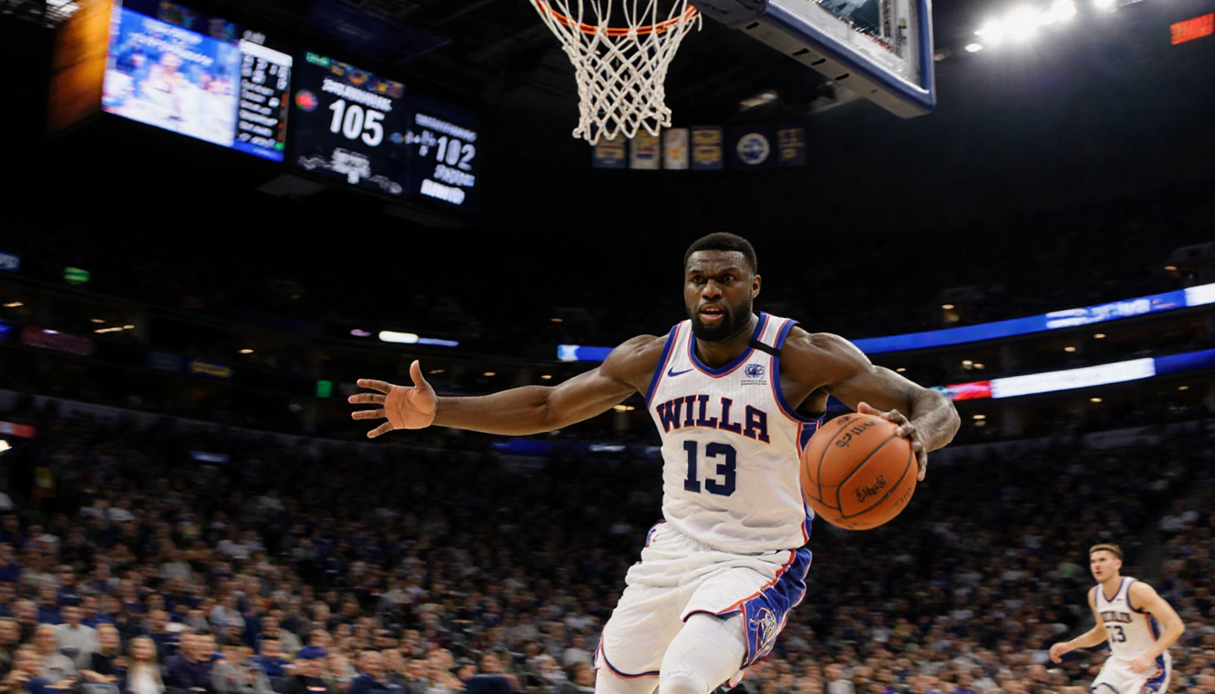 Zion Williamson drives toward the basketball with outstretched arms and determination on his face and score reading 105-103