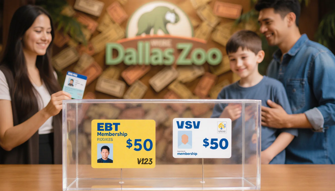Mom and son holding an EBT card and photo ID with a zoo membership booth displaying a reduced‑price card and a standard card