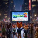 Animals cheering around a large movie screen showing Zootopia 2 with city lights.