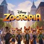 Disney logo shining in city street with golden light and bustling animal crowd