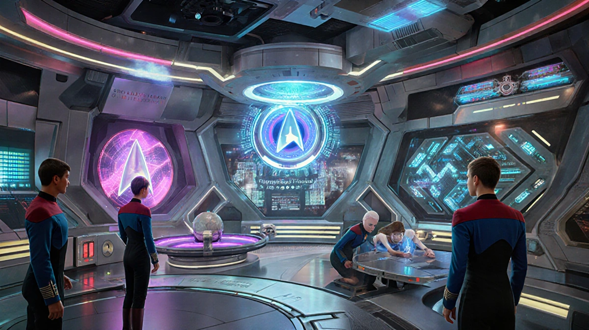 Starfleet cadets training with holographic displays and neon-lit silver architecture showing 32nd century technology