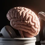 3D brain model lifting upward with cracks and astronaut helmet near curved Earth