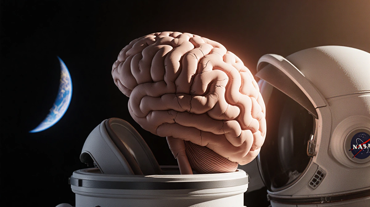 3D brain model lifting upward with cracks and astronaut helmet near curved Earth
