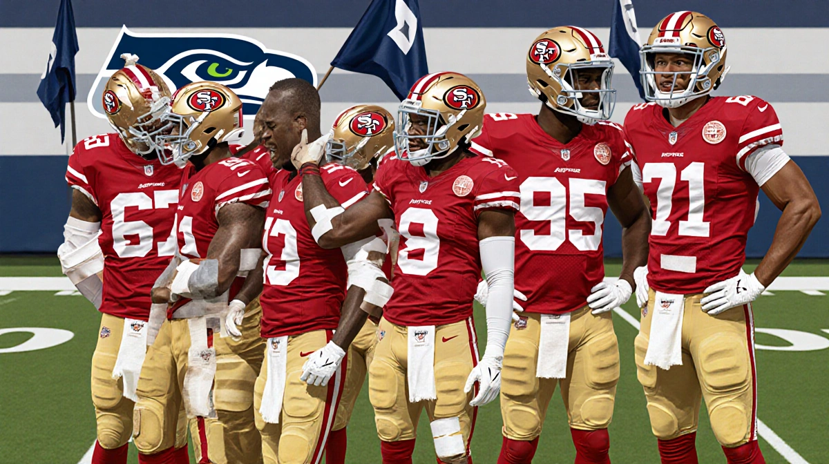 49ers players huddle on sidelines with injury tape and Seahawks logo showing depleted roster