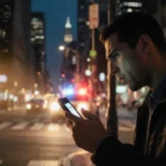 Person checking phone with 911 disconnect message and emergency lights flashing in city street