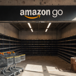 Abandoned Amazon Go storefront displays dusty floor with faded logo and empty shelves