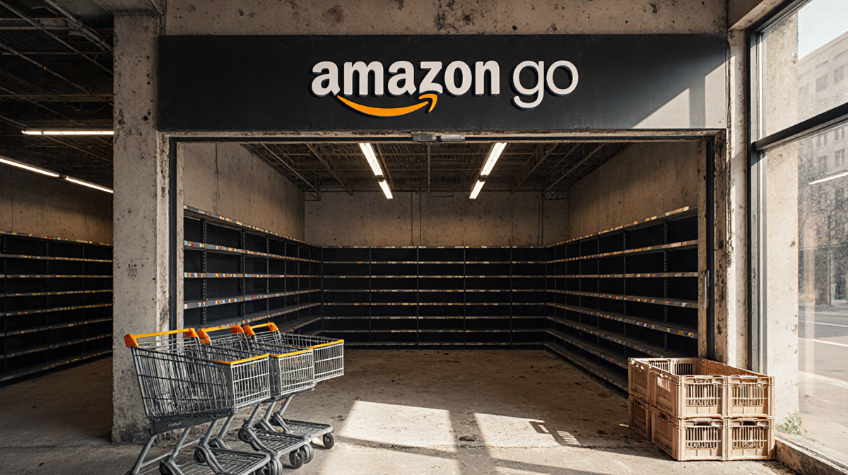 Abandoned Amazon Go storefront displays dusty floor with faded logo and empty shelves