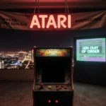 Abandoned Atari console sits in dusty hotel lobby with crooked logo and flickering neon signs showing glitchy error message