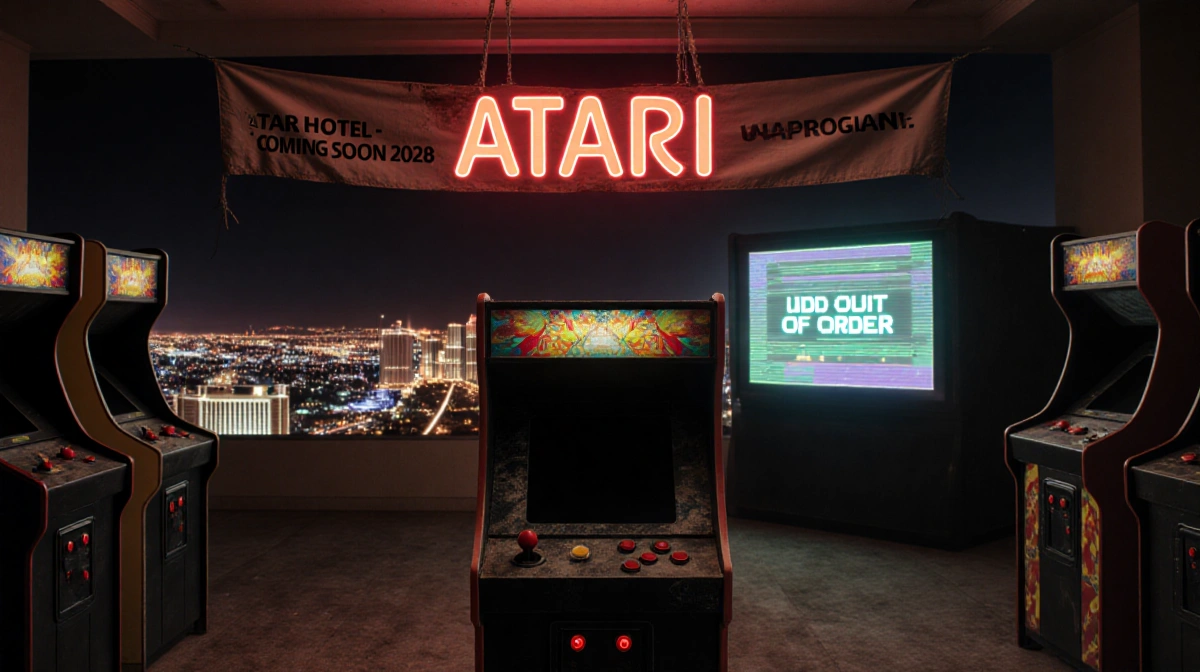 Abandoned Atari console sits in dusty hotel lobby with crooked logo and flickering neon signs showing glitchy error message