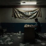 Healthcare worker sits alone at desk with closed laptop and crooked substance abuse prevention banner overhead
