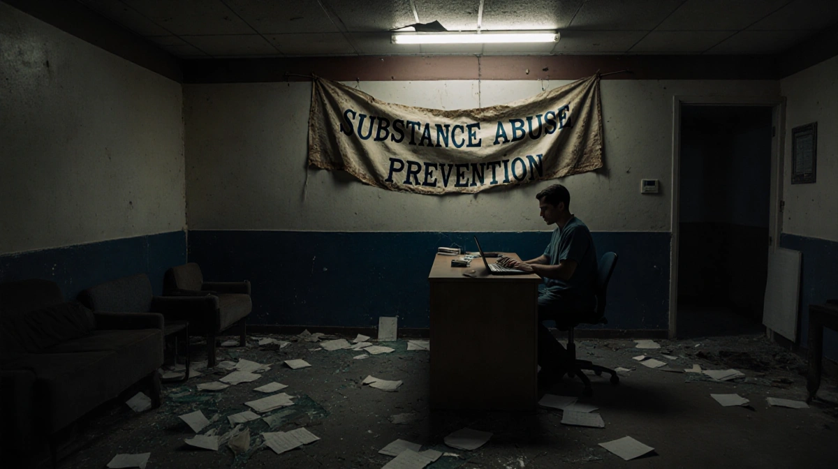 Healthcare worker sits alone at desk with closed laptop and crooked substance abuse prevention banner overhead