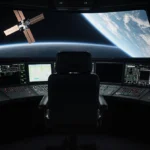 Empty chair sits in dark mission control room with dark monitors and ISS visible through window
