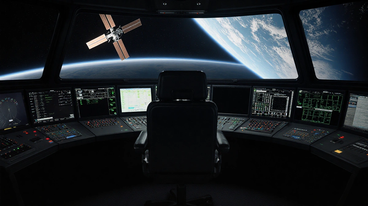 Empty chair sits in dark mission control room with dark monitors and ISS visible through window