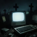 Retro computer glowing atop gadget pile with flickering screens and faded forum silhouettes in dark digital graveyard