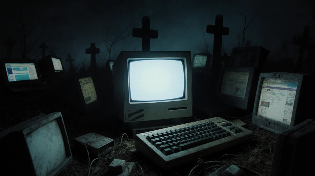 Retro computer glowing atop gadget pile with flickering screens and faded forum silhouettes in dark digital graveyard