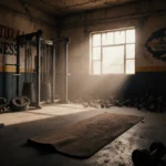 Empty vintage fitness studio glows with abandoned equipment and dusty weights near worn exercise mat