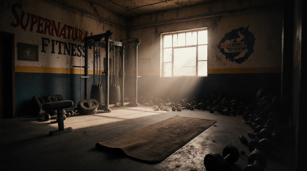 Empty vintage fitness studio glows with abandoned equipment and dusty weights near worn exercise mat