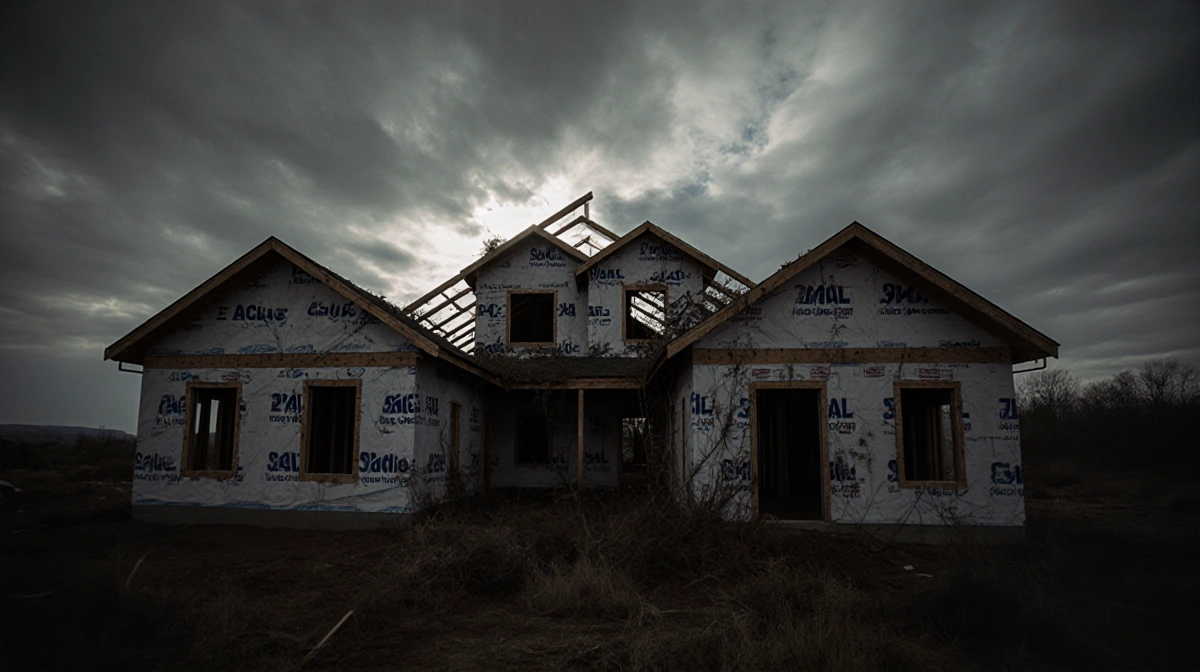 Abandoned construction sites stand empty with weeds and vines and a partially built home behind