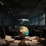 Dimly lit control room with outdated terminals and worn globe on cluttered desk showing lunar exploration decline