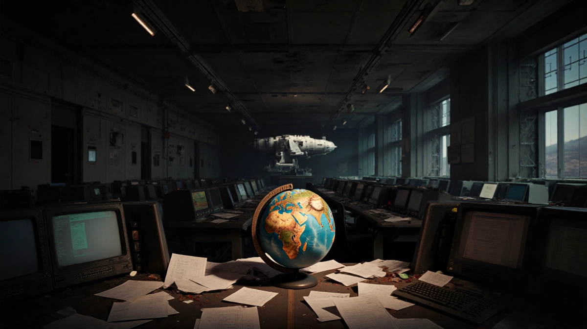 Dimly lit control room with outdated terminals and worn globe on cluttered desk showing lunar exploration decline